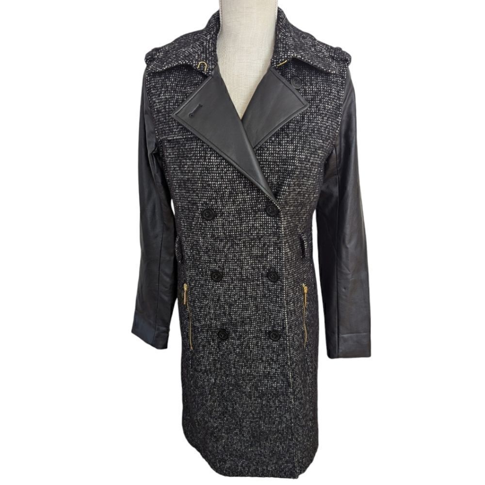 Michael Kors Womens Tweed Wool Blend Double Breasted Trench Coat Charcoal Grey S